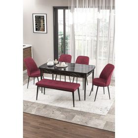 Canisa Concept Zen Serisi 80x132 cm Benchli Siyah Mermer Desen Açılabilir Mdf Bordo Mutfak Masası Takımı