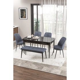 Canisa Concept Zen Serisi 80x132 cm Benchli Siyah Mermer Desen Açılabilir Mdf Füme Mutfak Masası Takımı