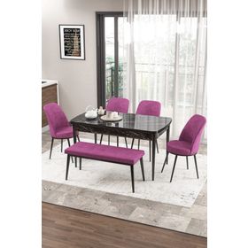 Canisa Concept Zen Serisi 80x132 cm Benchli Siyah Mermer Desen Açılabilir Mdf Mor Mutfak Masası Takımı