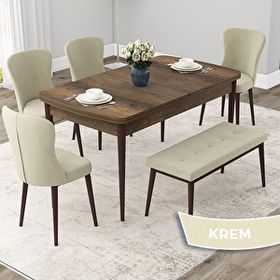 Canisa Due Serisi 80x132 Açılabilir Barok Ahşap Desen Mutfak Masası Takımı ve 4 Krem Sandalye ve Krem 1 Bench