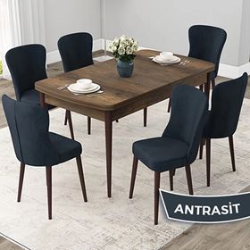 Canisa Due Serisi 80x132 Açılabilir Barok Ahşap Desen Mutfak Masası Takımı ve 6 Adet Antrasit Sandalye
