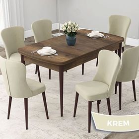 Canisa Due Serisi 80x132 Açılabilir Barok Ahşap Desen Mutfak Masası Takımı ve 6 Adet Krem Sandalye