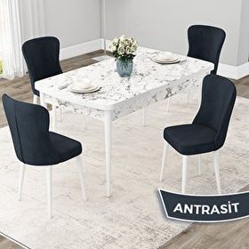 Canisa Due Serisi 80x132 Açılabilir Beyaz Mermer Desen Mutfak Masası Takımı ve 4 Adet Antrasit Sandalye