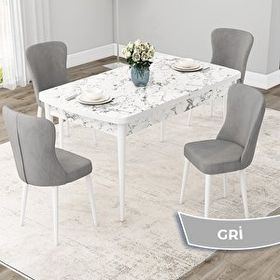 Canisa Due Serisi 80x132 Açılabilir Beyaz Mermer Desen Mutfak Masası Takımı ve 4 Adet Gri Sandalye