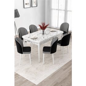 Canisa Due Serisi 80x132 Açılabilir Beyaz Mermer Desen Mutfak Masası Takımı ve 4 Adet Krem Sandalye