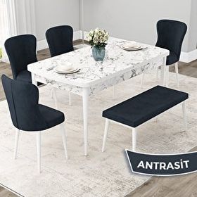 Canisa Due Serisi 80x132 Açılabilir Beyaz Mermer Desen Mutfak Masası Takımı ve 4 Antrasit Sandalye ve Antrasit 1 Bench