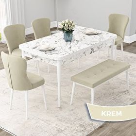 Canisa Due Serisi 80x132 Açılabilir Beyaz Mermer Desen Mutfak Masası Takımı ve 4 Krem Sandalye ve Krem 1 Bench