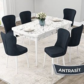 Canisa Due Serisi 80x132 Açılabilir Beyaz Mermer Desen Mutfak Masası Takımı ve 6 Adet Antrasit Sandalye