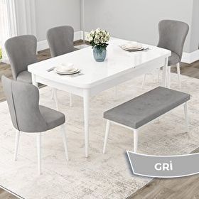 Canisa Due Serisi 80x132 Açılabilir Beyaz Mutfak Masası Takımı ve 4 Gri Sandalye ve Gri 1 Bench