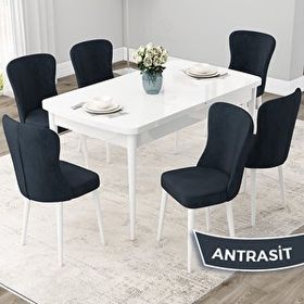 Canisa Due Serisi 80x132 Açılabilir Beyaz Mutfak Masası Takımı ve 6 Adet Antrasit Sandalye