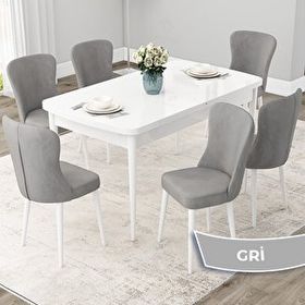 Canisa Due Serisi 80x132 Açılabilir Beyaz Mutfak Masası Takımı ve 6 Adet Gri Sandalye