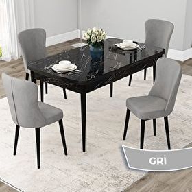 Canisa Due Serisi 80x132 Açılabilir Siyah Mermer Desen Mutfak Masası Takımı ve 4 Adet Gri Sandalye