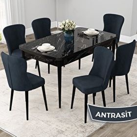 Canisa Due Serisi 80x132 Açılabilir Siyah Mermer Desen Mutfak Masası Takımı ve 6 Adet Antrasit Sandalye