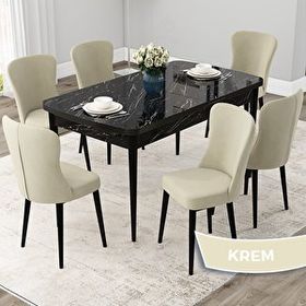Canisa Due Serisi 80x132 Açılabilir Siyah Mermer Desen Mutfak Masası Takımı ve 6 Adet Krem Sandalye