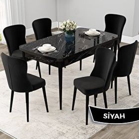Canisa Due Serisi 80x132 Açılabilir Siyah Mermer Desen Mutfak Masası Takımı ve 6 Adet Siyah Sandalye