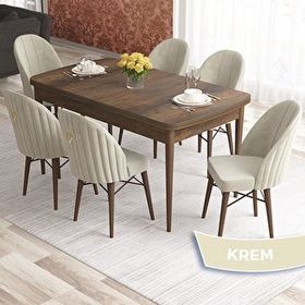 Canisa Elf Serisi 80x132 Açılabilir Barok Ahşap Desen Masa Takımı ve 6 Adet Krem Sandalye