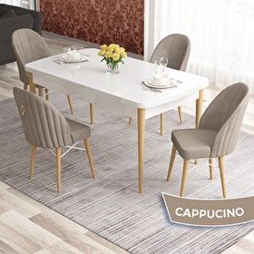 Canisa Elf Serisi 80x132 Açılabilir Beyaz Doğal Ahşap Ayak Masa Takımı ve 4 Adet Cappucino Sandalye