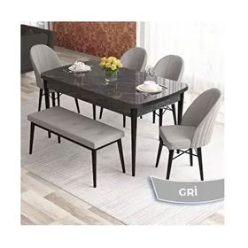 Canisa Elf Serisi 80x132 Açılabilir Siyah Mermer Desen Masa Takımı ve 4 Adet Gri Sandalye ve 1 Gri Bench