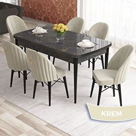 Canisa Elf Serisi 80x132 Açılabilir Siyah Mermer Desen Masa Takımı ve 6 Adet Krem Sandalye