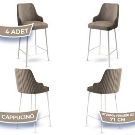 Canisa Enox Serisi 4 Adet Cappucino 1. Sınıf Babyface Kumaş Beyaz Metal Ayaklı Bar Sandalyesi