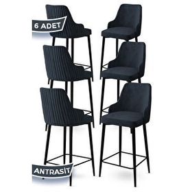 Canisa Enox Serisi 6 Adet Antrasit 1. Sınıf Babyface Kumaş Siyah Metal Ayaklı Bar Sandalyesi