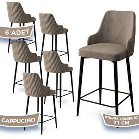 Canisa Enox Serisi 6 Adet Cappucino 1. Sınıf Babyface Kumaş Siyah Metal Ayaklı Bar Sandalyesi
