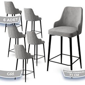 Canisa Enox Serisi 6 Adet Gri 1. Sınıf Babyface Kumaş Siyah Metal Ayaklı Bar Sandalyesi