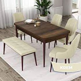 Canisa Eta Serisi 80x132 Açılabilir Mdf Barok Ahşap Desen Masa Takımı 4 Krem Sandalye ve Krem 1 Bench