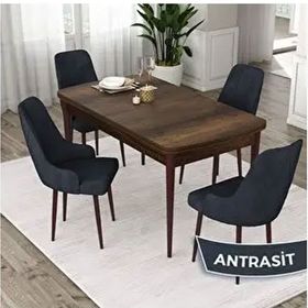 Canisa Eta Serisi 80x132 Açılabilir Mdf Barok Ahşap Desen Masa Takımı ve 4 Adet Antrasit Sandalye