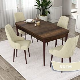Canisa Eta Serisi 80x132 Açılabilir Mdf Barok Ahşap Desen Masa Takımı ve 4 Adet Krem Sandalye