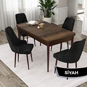 Canisa Eta Serisi 80x132 Açılabilir Mdf Barok Ahşap Desen Masa Takımı ve 4 Adet Siyah Sandalye