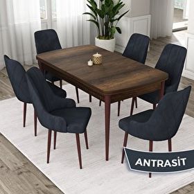 Canisa Eta Serisi 80x132 Açılabilir Mdf Barok Ahşap Desen Masa Takımı ve 6 Adet Antrasit Sandalye