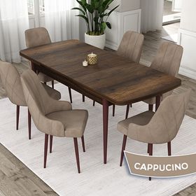 Canisa Eta Serisi 80x132 Açılabilir Mdf Barok Ahşap Desen Masa Takımı ve 6 Adet Cappucino Sandalye