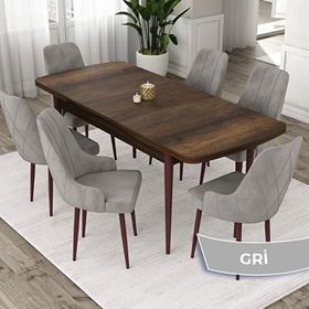 Canisa Eta Serisi 80x132 Açılabilir Mdf Barok Ahşap Desen Masa Takımı ve 6 Adet Gri Sandalye