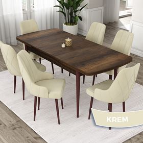 Canisa Eta Serisi 80x132 Açılabilir Mdf Barok Ahşap Desen Masa Takımı ve 6 Adet Krem Sandalye