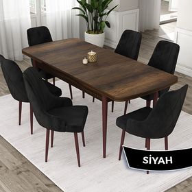 Canisa Eta Serisi 80x132 Açılabilir Mdf Barok Ahşap Desen Masa Takımı ve 6 Adet Siyah Sandalye