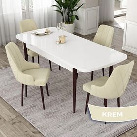 Canisa Eta Serisi 80x132 Açılabilir Mdf Beyaz Ceviz Ayak Masa Takımı ve 4 Adet Krem Sandalye