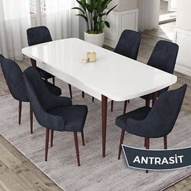 Canisa Eta Serisi 80x132 Açılabilir Mdf Beyaz Ceviz Ayak Masa Takımı ve 6 Adet Antrasit Sandalye