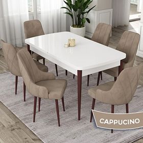 Canisa Eta Serisi 80x132 Açılabilir Mdf Beyaz Ceviz Ayak Masa Takımı ve 6 Adet Cappucino Sandalye
