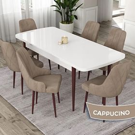 Canisa Eta Serisi 80x132 Açılabilir Mdf Beyaz Ceviz Ayak Masa Takımı ve 6 Adet Cappucino Sandalye