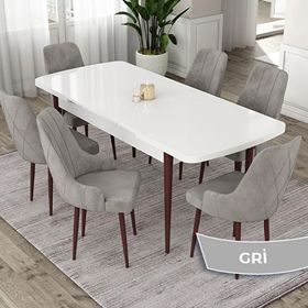 Canisa Eta Serisi 80x132 Açılabilir Mdf Beyaz Ceviz Ayak Masa Takımı ve 6 Adet Gri Sandalye