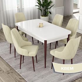 Canisa Eta Serisi 80x132 Açılabilir Mdf Beyaz Ceviz Ayak Masa Takımı ve 6 Adet Krem Sandalye