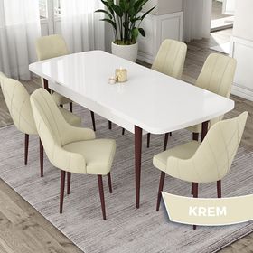 Canisa Eta Serisi 80x132 Açılabilir Mdf Beyaz Ceviz Ayak Masa Takımı ve 6 Adet Krem Sandalye