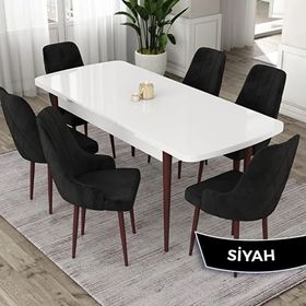 Canisa Eta Serisi 80x132 Açılabilir Mdf Beyaz Ceviz Ayak Masa Takımı ve 6 Adet Siyah Sandalye