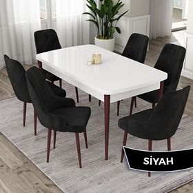 Canisa Eta Serisi 80x132 Açılabilir Mdf Beyaz Ceviz Ayak Masa Takımı ve 6 Adet Siyah Sandalye