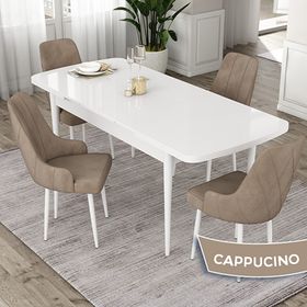 Canisa Eta Serisi 80x132 Açılabilir Mdf Beyaz Masa Takımı ve 4 Adet Cappucino Adet Sandalye