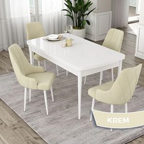 Canisa Eta Serisi 80x132 Açılabilir Mdf Beyaz Masa Takımı ve 4 Adet Krem Sandalye