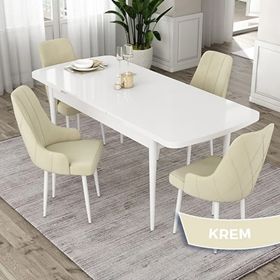 Canisa Eta Serisi 80x132 Açılabilir Mdf Beyaz Masa Takımı ve 4 Adet Krem Sandalye