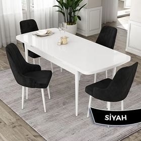 Canisa Eta Serisi 80x132 Açılabilir Mdf Beyaz Masa Takımı ve 4 Adet Siyah Sandalye