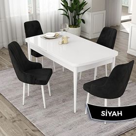 Canisa Eta Serisi 80x132 Açılabilir Mdf Beyaz Masa Takımı ve 4 Adet Siyah Sandalye